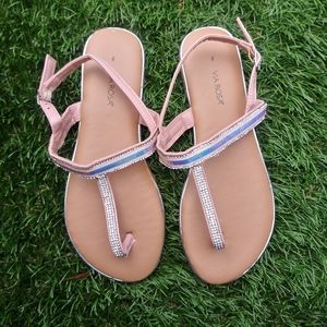 Via Rosa Crystal Embellished T-Strap Shoes Sandals